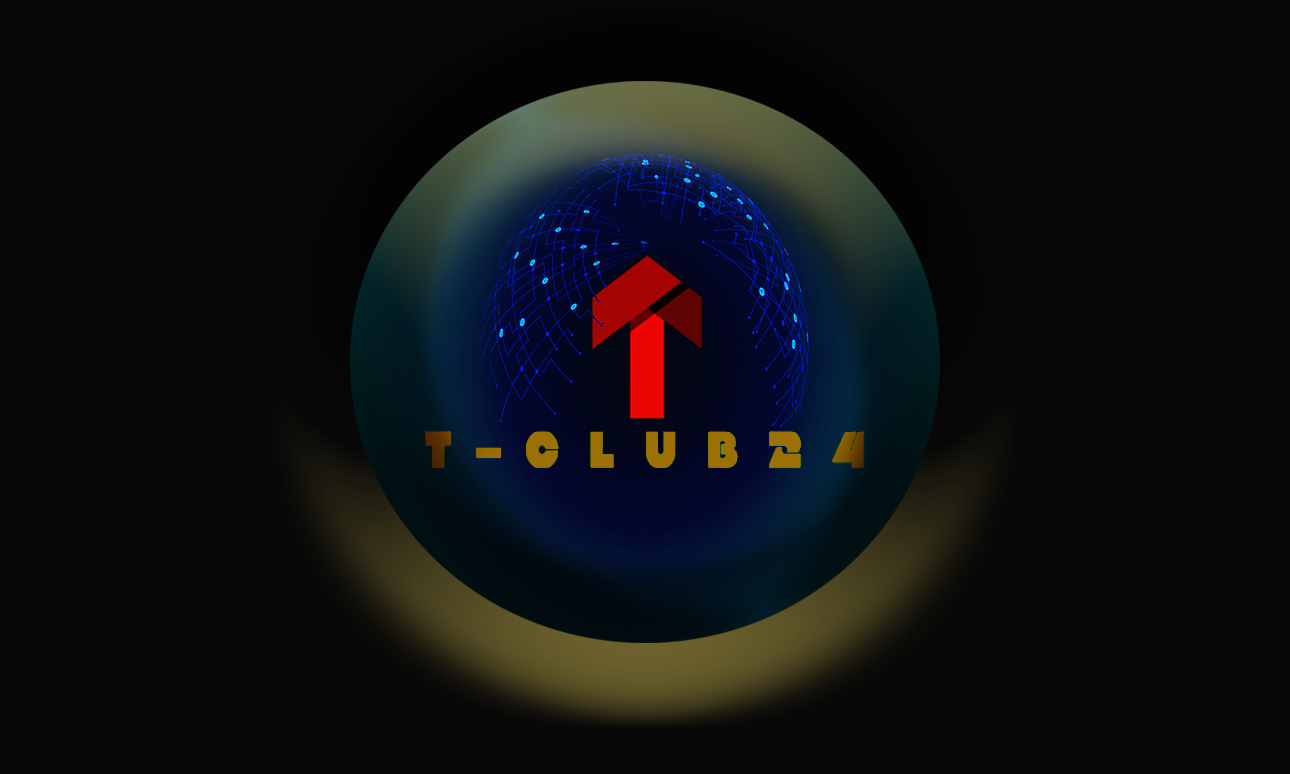Фирменный логотип T-CLUB24 с цифровым глобусом и красной стрелкой на тёмном фоне