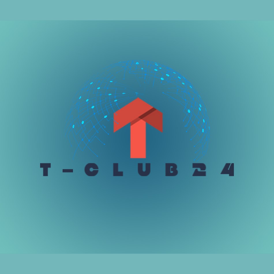 Фирменный логотип T-CLUB24: красная стрелка на фоне цифрового глобуса